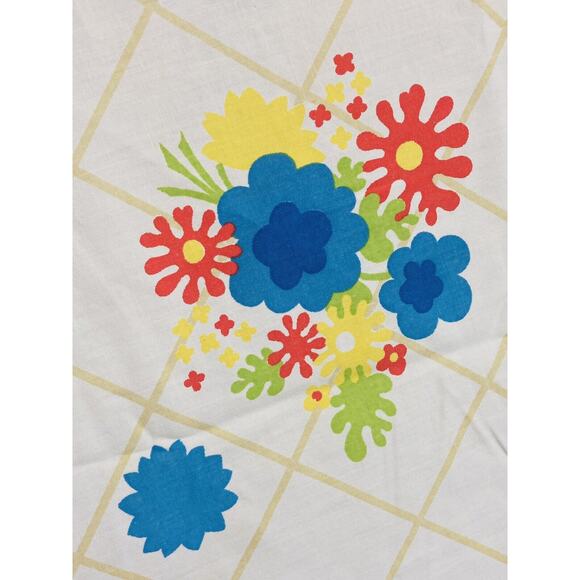 1960s Mod Retro Flower Power Table cloth Round Butterfly Blue Red Yellow 68" Che - Picture 4 of 14